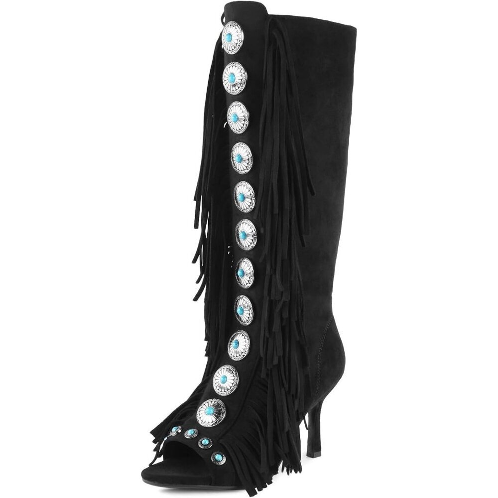 Women's Black FancyQueen Gladiator Heels Knee High Stiletto Peep Toe Boot